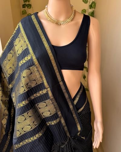 Image of South Cotton Gadwal Saree for Women | Celebrity Inspired Traditional Ethnic Wear | Chettinad & Kalyani Cotton Sarees | Soft Cotton Saree with Blouse Piece | Black