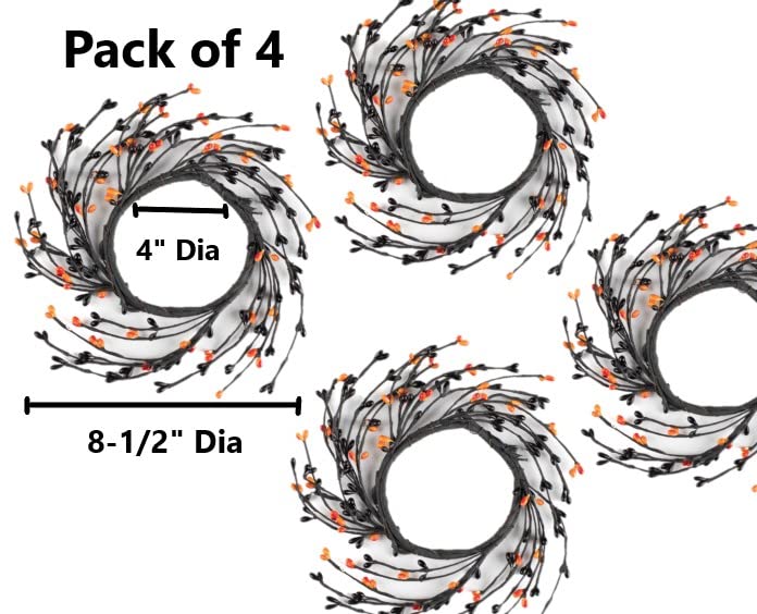 Artificial Black and Orange Pip Berry Candle Rings – Pack of 4 Halloween Berry Farmhouse Home Decor for Centerpiece Decorations and Small Wreaths (Size: 8-1/2
