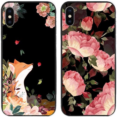 Funda para iPhone X/XS I Fox Peony Flower Printed I TPU Gel Silicone I 2 Pcs Back Phone Case Cover