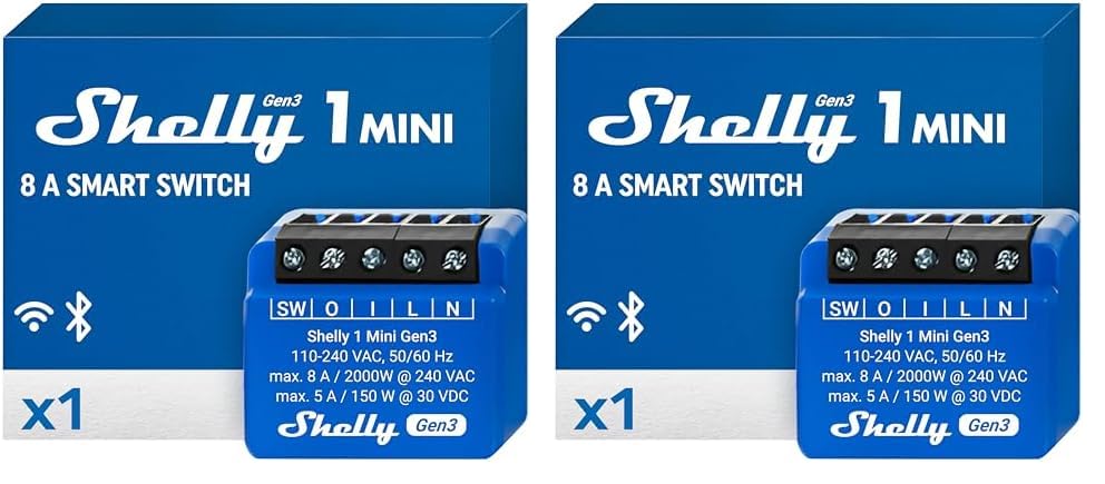 Shelly 1 Mini Gen3, Relé Interruptor Inalámbrico con contactos secos, Wi-Fi y Bluetooth, 1 Canal - 8A, Control remoto de luces, Alexa y Google Home, app iOS Android, No requiere hub (Paquete de 2)