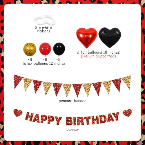 Image of Red Cheetah Birthday Party Decors Leopard Party Decors Set for Girls, Happy Birthday Banner, Heart Foil Balloons, Latex Balloons, Bunting Flags, Bold Animal Print Theme Decor for Home Bday Celebration