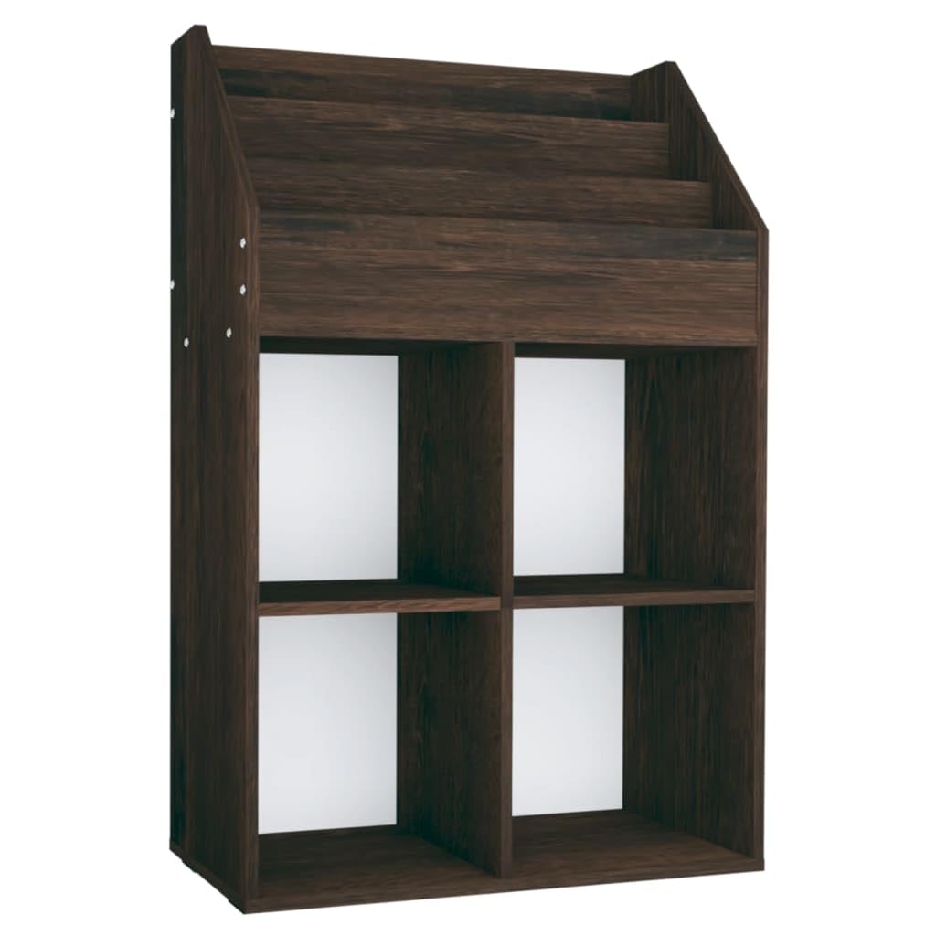 Générique Drewniany stojak na czasopisma wędzony dąb 71 x 30 x 114 cm, organizer na książki dla dzieci z 3 przegródkami i 4 dużymi otwartymi przestrzeniami na składane pudełka, stojak ekspozycyjny
