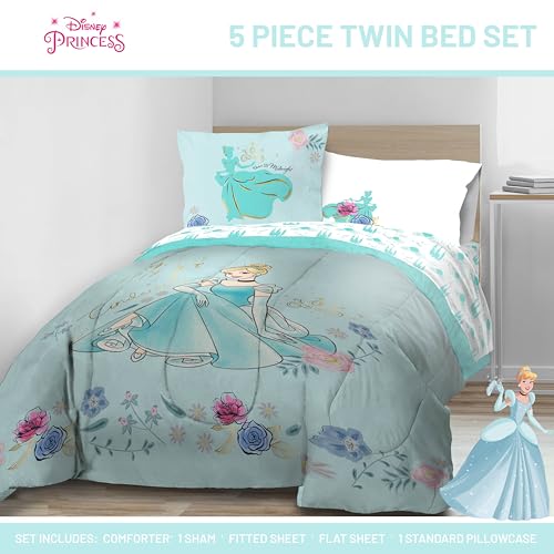 Image of Disney Princess Cinderella Twin Comforter Set 5 Piece Kids Bedding, Blue | Bed in a Bag, Comforter Sheets Sham Pillowcase, Official Product, Soft Microfiber, Machine Washable, Easy Care, Girls Gift