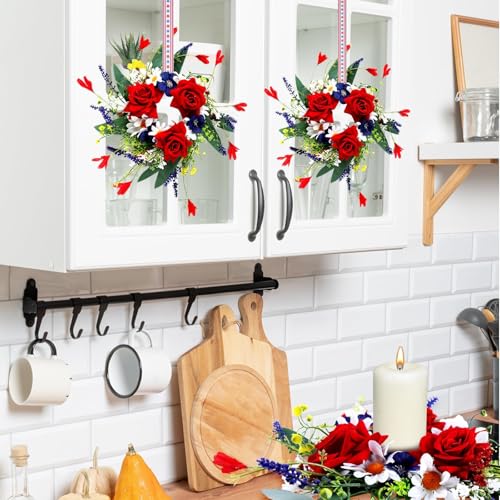 Image of 4 Pcs Veterans Day Red White and Blue Candle Rings 3 Inch Patriotic Pillars Candle Wreaths Mini Floral American Wreath 4th of July Independence Day Rings Wreaths for Table Window Door Decor