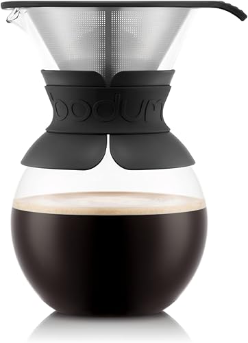Bodum Cafetera de 34 onzas, vidrio de borosilicato de alto calor con filtro de acero inoxidable reutilizable y agarre de banda negra, fabricada en