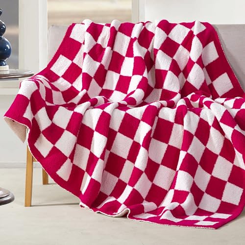 Image of Elegant Comfort Checkered Throw Blanket, Hot Pink Super Soft Cozy Fluffy Warm Throw Blankets for Couch, Sofa, Chair, Bed, Camping, Picnic, Travel Lightweight Bed Blanket (50 inch x 70 inch)