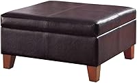 HomePop Distressed Brown Faux Leather Square Storage Ottoman with Tapered Wood Legs - Coffee Table & Seating