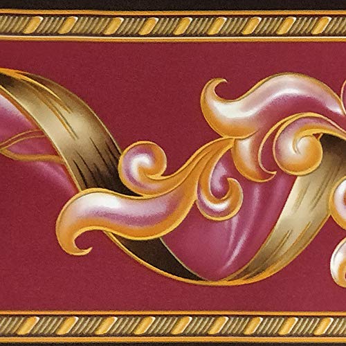 Dundee Deco BD3204 Frise de Papier Peint, Frise Murale, Bordure de papier peint autoadhésif Motif damassé Doré Bordeaux 10 m x 10 cm