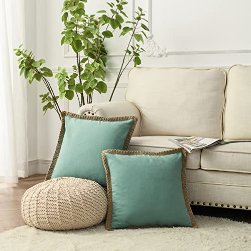 Ligicky Pack Of 2 Farmhouse Decorative Throw Pillow Covers Burlap Linen Trimmed Tailored Edges Square Pillowcases For Couch Sofa Bed Living Room, Sage Green 18X18 Inch #TOP1