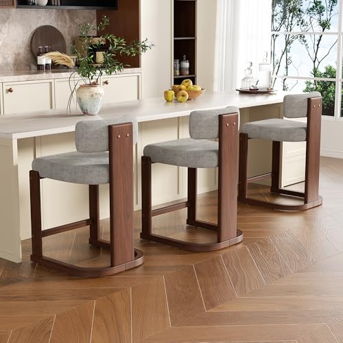 Image of Bar Stools Set of 3, Upholstered Counter Height Bar Stools, Mid Century Modern Counter Stools with Curved Backrest, Solid Wood Legs, 26 inch Bar Chairs for Kitchen Island Bar, Light Grey