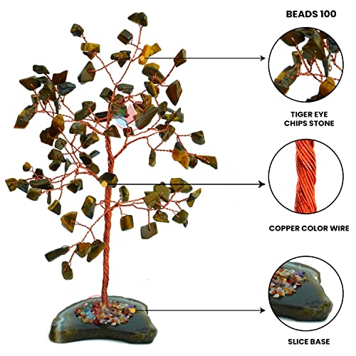 Image of REMEDYWALA Charged Energized Tiger Eye Crystal Tree with Agate Slice Base for Reiki Healing Tiger Eye Stones Crystal Tree 100 Beads