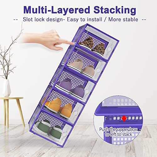 Image of Kuject Large Shoe Organizers Storage Boxes for Closet, 12 Pack Clear Plastic Stackable Storage Bins with Lids, Under Bed Shoe Containers for Entryway, Drop Front, Fit up to Women's Size 10,Purple
