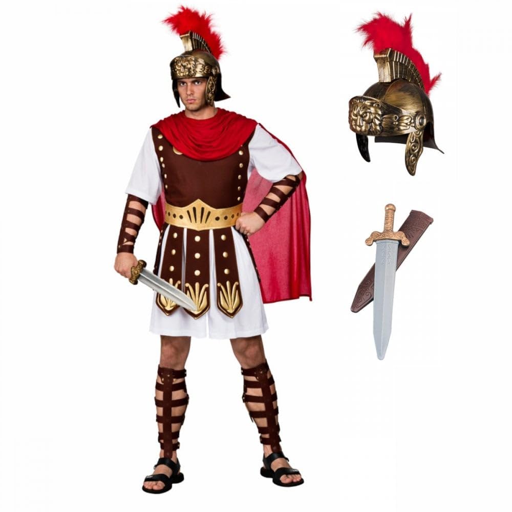 Adult Men’s Roman Centurion Fancy Dress Costume + Helmet with Feathers (+ Sword Option) : Mens Spartan Fighter Roman General Gladiator Historical Dress Up Outfit (Costume/Helmet/Sword, Small)