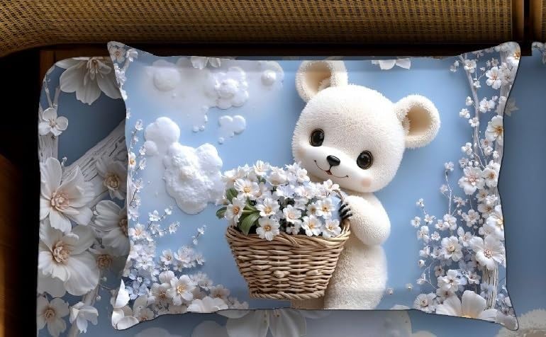 Image of 7D Flat Bedsheet 400TC Sheet Set, Kids Design bedsheet, Floral Design, Decorative Bedding with Daisy Pattern, Kids Room Decor, 90X100 Inch (Teddy)