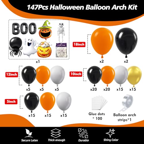 Image of Halloween Balloon Garland Arch Kit, 147Pcs DIY Haloween Party Supplies Latex Balloon with Spider Pumpkin Ghost Skeleton Boo Foil Balloon for Halloween Day Haunted House Theme Big Decorations