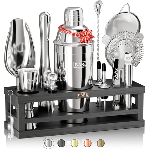 BARE BARREL® Mixology Bartender Kit Bar Set | 16-Piece Cocktail Shaker Set | Martini Barware Mixing Tools for Home Bartending | Incl. 35 Recipe Cards | Gift Set (24oz Cobbler Shaker, Silver/Black)
