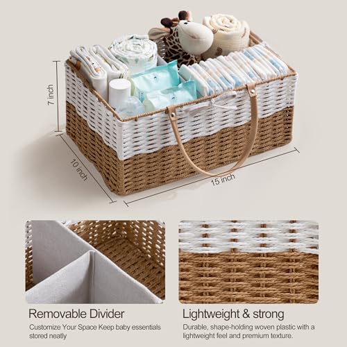 Image of HBlife Large Baby Diaper Caddy Organizer, Paper Rope Storage Baskets Nursery Bin with Removable Divider, Portable Car Organizer for Diapers, Baby Shower Gifts, Newborn Essentials Must Haves