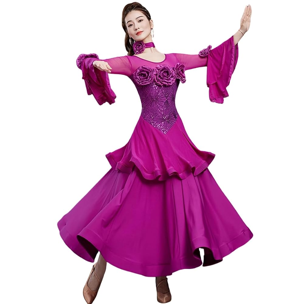RIKOUZY] 社交ダンス衣装 ドレス お花飾り フリル袖 モダン