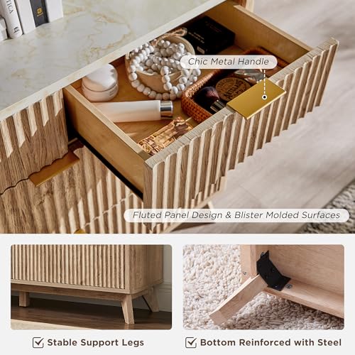 T4TREAM Fluted 7 Drawers Dresser, 54" Wide Modern Chest of Drawers with Faux Marble Top, Curved Profile Design, Dresser TV Stand, Wood Drawer Organizer for Bedroom, Living Room, Hallway, Natural Oak - Image 6