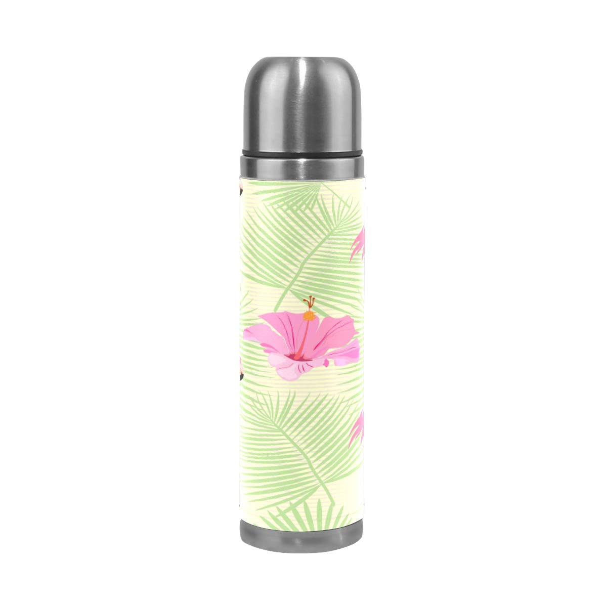 Taza de viaje aislada al vacío de acero inoxidable con doble pared a prueba de fugas, botella de taza con diseño de flamencos rosados y hibisco personalizado impreso en piel auténtica, 500 ml
