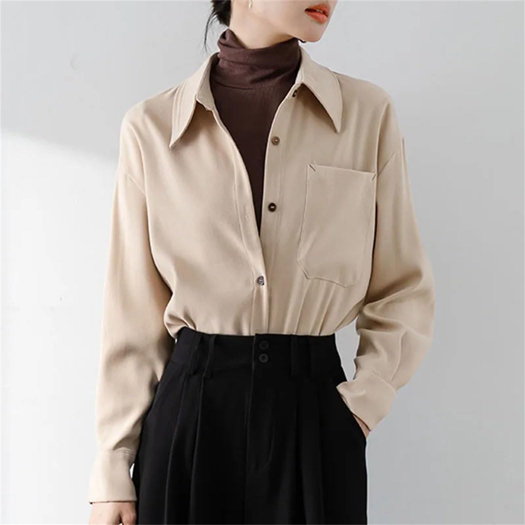 Camisa de manga larga para mujer, cuello vuelto, blusa con bolsillo, para oficina, informal, holgada