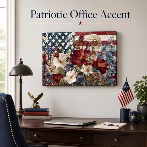 Image of Patriotic Floral American Flag Framed Canvas Wall Art, 4th of July Wildflower Pictures, Independence Day Canvas Prints for Living Room, Bedroom, Kitchen, Farmhouse, Home Wall Decor