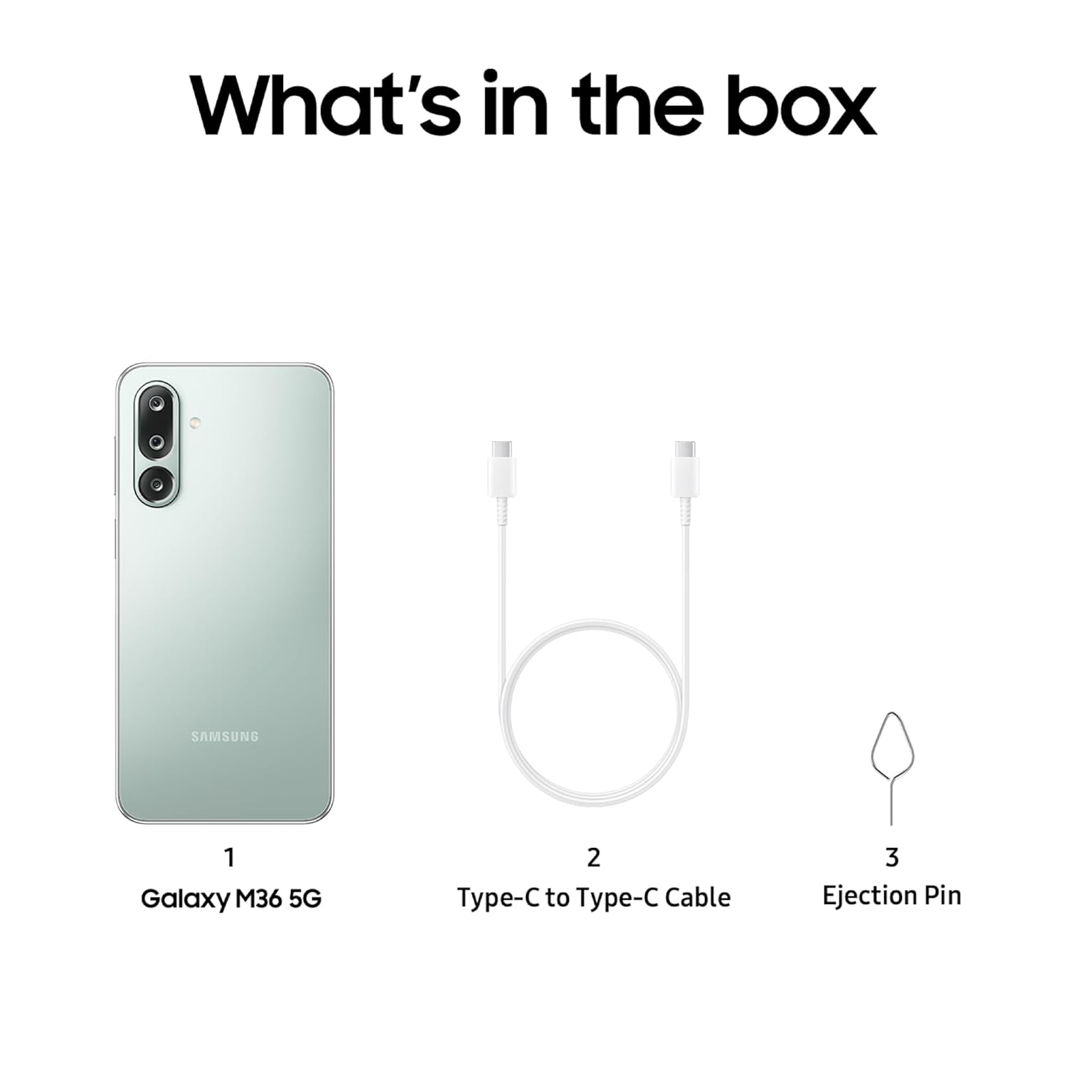 Contents of the Samsung Galaxy M36 5G box including phone, cable, and SIM ejector tool