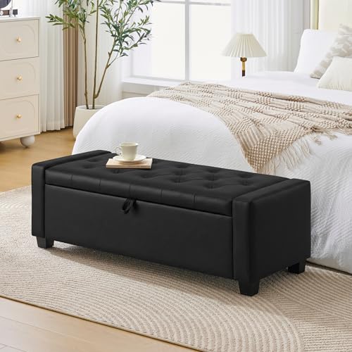 Image of Huatean Home 48 inch Ottoman with Storage, Storage Ottoman Bench with Safety Hinge, Upholstered Entryway Bench with Seating for Bedroom, Living Room, Holds up to 330 lb, Light Black