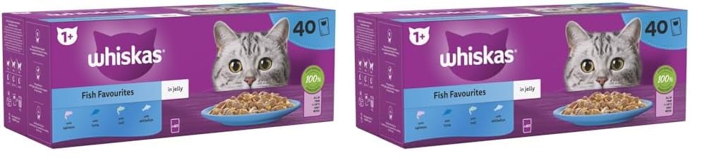 WHISKAS - 1+- Adult Wet Cat Food Pouches - 40 x 85 g - Fish in Jelly - Bulk Cat Food Megapack - 40 Pouches (Pack of 2) - Fish Selection - 3.4 kg (Pack of 2)