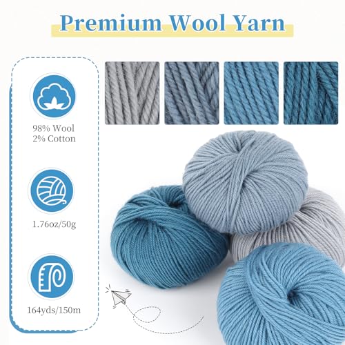 Image of Coopay 12 Pack Wool Yarn for Crocheting, 600g Wool Blend Yarn for Knitting | 60% Wool 40% Polyester - 50g /1.76oz- #3 DK (Light)-164Yds - Crochet Yarn for Clothes, Scarves, Blankets, Shawls (Blue Family)