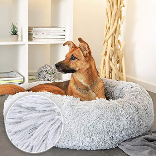 lionto Donutbett für Hunde und Katzen, Flauschiges Hundebett rund für kleine und große Heimtiere, Ø 80 cm, weiches Katzenbett aus kuscheligem Plüsch, Hundekissen mit extra Dicker Füllung, hellgrau