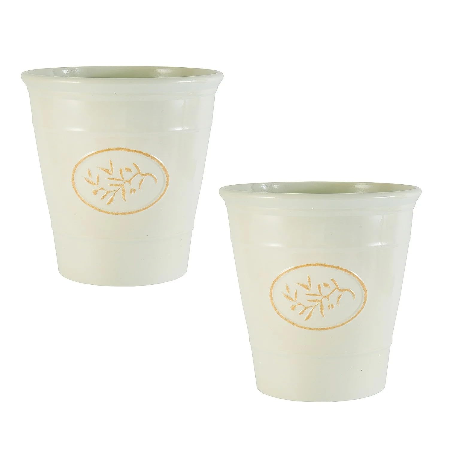 Coopers of Stortford - Set of Two Decorative Planters with Raised Olive Branch Detail - Lightweight Durable Pots with Glossy Ceramic Style Finish (Cream)