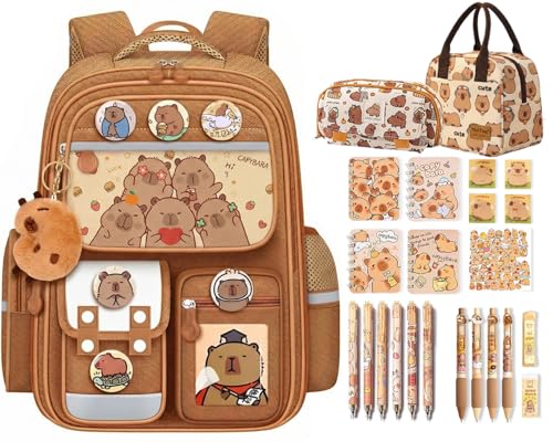 EGOUE Waterproof Capybara BackpackLarge-capacity Kawaii capybara bag with 31-Piece Accessories (Pencil case notebook sticky notes lunch bag gel pen and others)