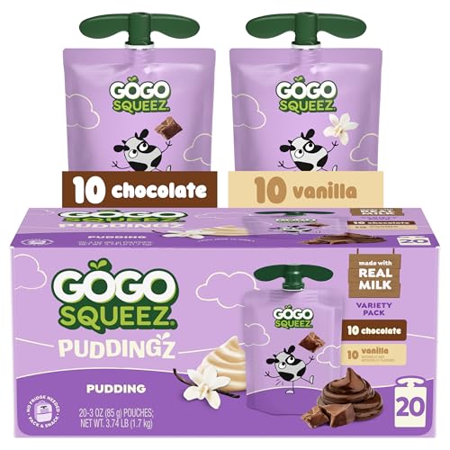 GoGo squeeZ PuddingZ Variety Pack, On-the-Go Chocolate and Vanilla Pudding Snack, 3 oz. Pouches (Pack of 20), BPA Free Pouches
