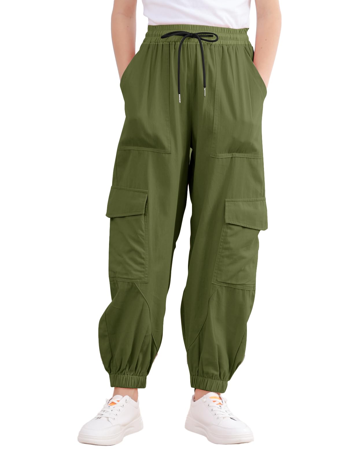 Girls Cargo Pants Elastic Waist Casual Jogger Pants for Girls Streetwear Loose Parachute with Pockets 7-14Years