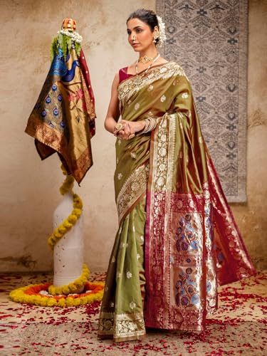 Image of SIRIL Women's Paithani jacquard Silk Saree |Chandrakor Paithani jacquard Saree With Unstitched Blouse Piece