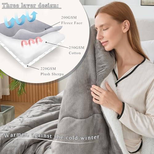 CHOSHOME Sherpa Fleece Blanket- Thick Warm Blanket for Winter, Soft Fuzzy Plush Blanket for Bed, Couch, Travel (Light Grey, Twin 60" x 80", Thickened Type)