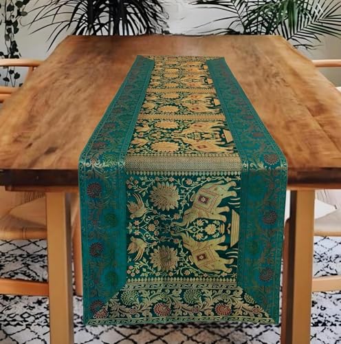 Image of Decorative Handmade Silk Table Runner Golen Brocade Dinning Table & Centre Table Top Decor Rectangular Runners Bed Runners Table Cloth for Wedding (152 X 40 CM ) (Rust Green)