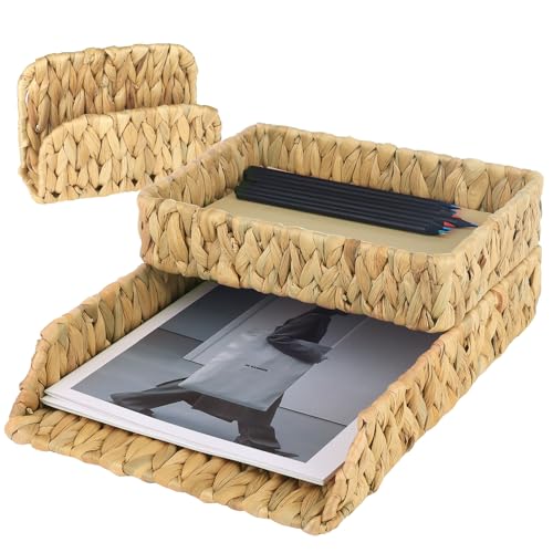 Woven Desk Organizer Letter Tray Set of 3, Water Hyacinth Paper Baskets for Organizing, Rattan A4 File Tray with Letter Sorter, Office Storage Rack for Files Mail Notebooks Stationery