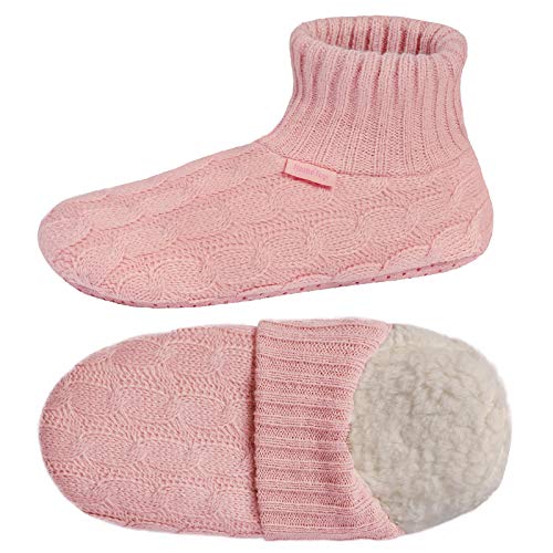 HomeTop Women's Comfy Cable Knit Sherpa Lined House Slipper Socks Anti-Skid Home Socks with Durable Silicone Gripper (38-39 M, Pink)