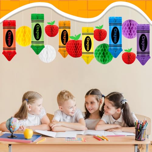 Image of 24Pcs Apple-Shaped Crayon-shaped Hanging Honeycomb Balls Welcome Back to School Classroom Decorations for Teacher Appreciation Week First Day of School Party Supplies Decor