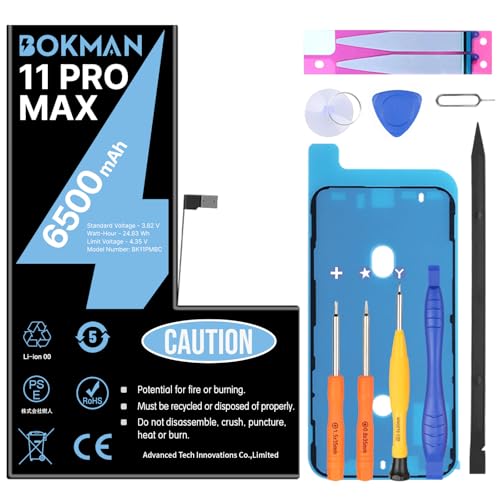 bokman Akku für 11ProMax hohe Kapazität 6500 mAh mit Werkzeugtasche und Klebestreifen