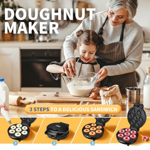 Image of DSP Mini Donut Maker - Non-Stick, 7 Donuts, Cool-Touch | Quick 3-Min Baking, Indicator Lights, Easy Wipe-Clean, Breakfast /Snacks /Desserts, Black