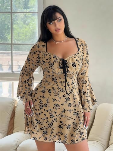Image of Floerns Women's Plus Size Floral Gothic Dress Flare Long Sleeve Mesh Grunge A Line Dress