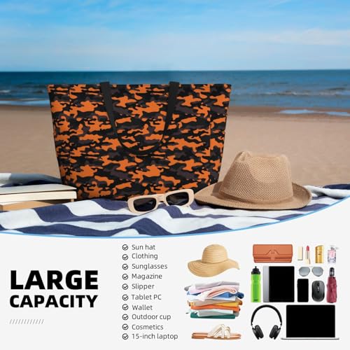 Large Beach Bags Water-resistant Sandproof - Orange Black Camouflage Cute Beach Tote Bags for Women with Zipper4