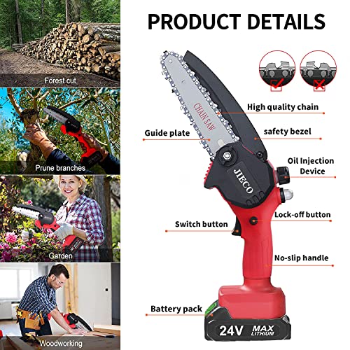 Mini kettingzaag met accu, mini-kettingzaag, accu kettingzaag met twee accu's en oplader, 24 V accu-kettingzaag… - Image 3