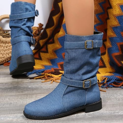 Denim Booties for Women Denim Round Toe Boots for Women with Buckle Casual Short Boot Pull On Low Heel Boots 5