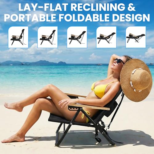 Cansky Portable Beach Chair for Adults, Outdoor Lightweight Camping Chair with Wooden Desgin Armrests, 5-Position Reclining Flat Lay, Cup Holder, Zipper Pouch, Backpack Design, No Towel Rack, Black - image 4