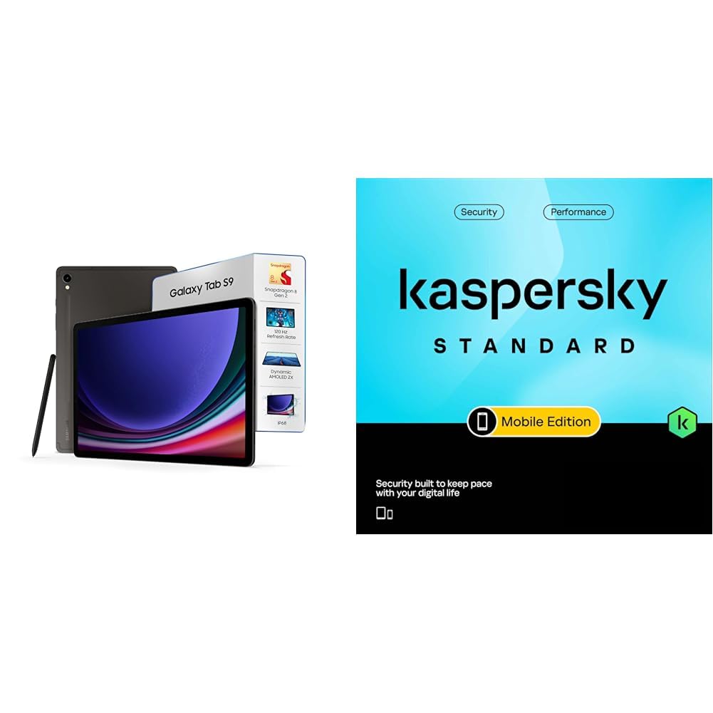 samsung galaxy tab s9, s pen in-box, 27.81 cm (11 inch) dynamic amoled 2x display, ram 8 gb, rom 128 gb expandable + kaspersky standard mobile security 1 device 1 year (physical pack)