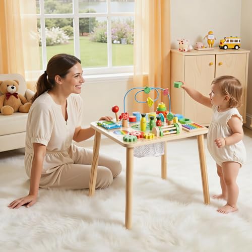 VEVOR Holz Aktivitätstisch, Montessori Spielzeug, 13-in-1-Lerntisch, Spieltisch Aktivitätstisch für Kinder ab 6 Monaten, Geburtstag, Weihnachten oder Kindertag, 6-36 Monate